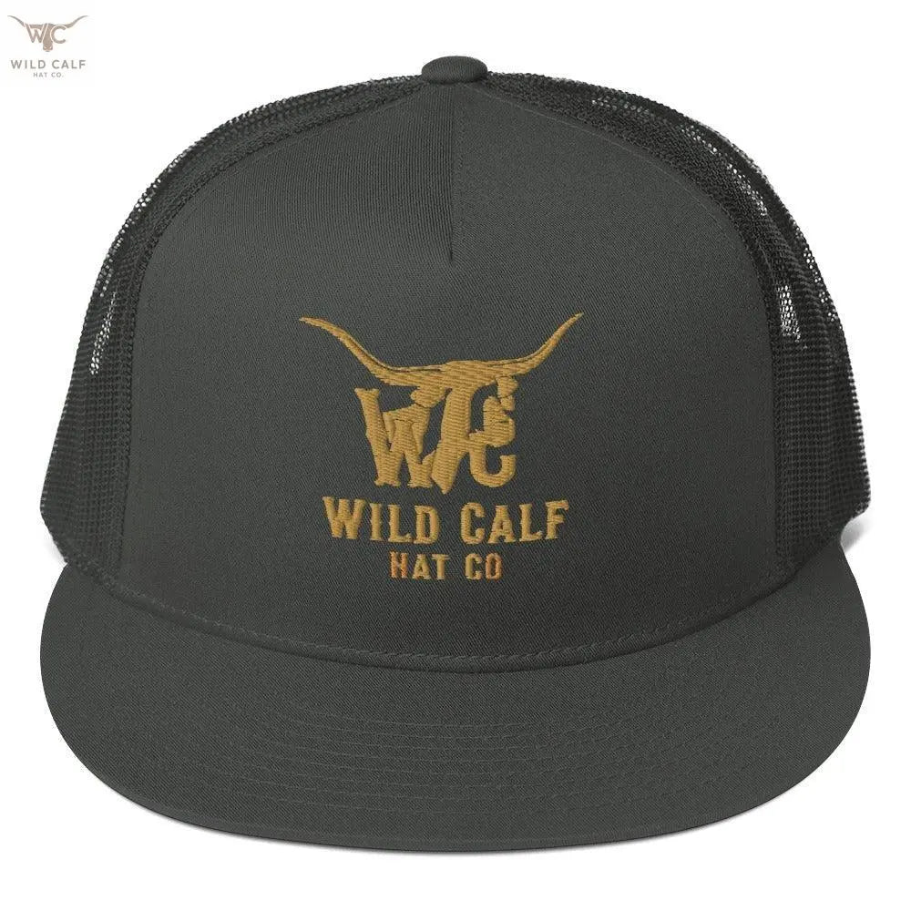 Charcoal 5 panel trucker cap with western-style gold embroidery and mesh back, front view