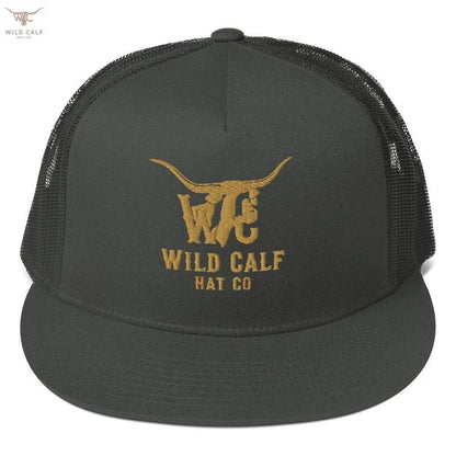 Charcoal 5 panel trucker cap with western-style gold embroidery and mesh back, front view