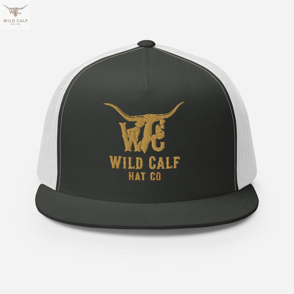Charcoal and white 5-panel trucker cap with gold embroidered Western longhorn logo