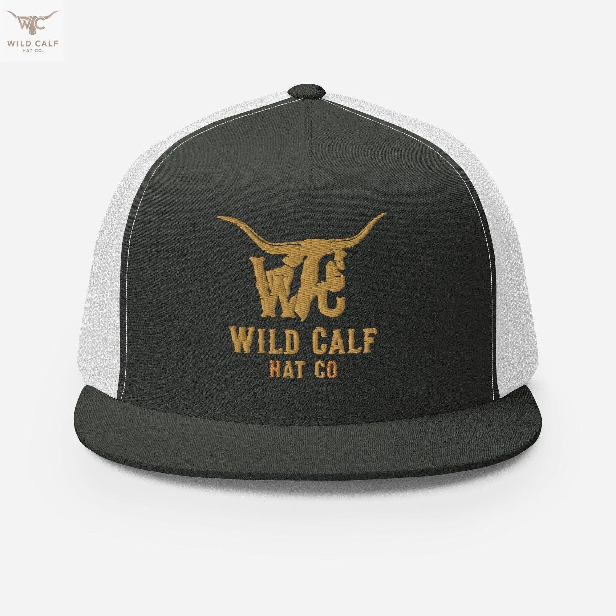 Charcoal and white 5-panel trucker cap with gold embroidered Western longhorn logo
