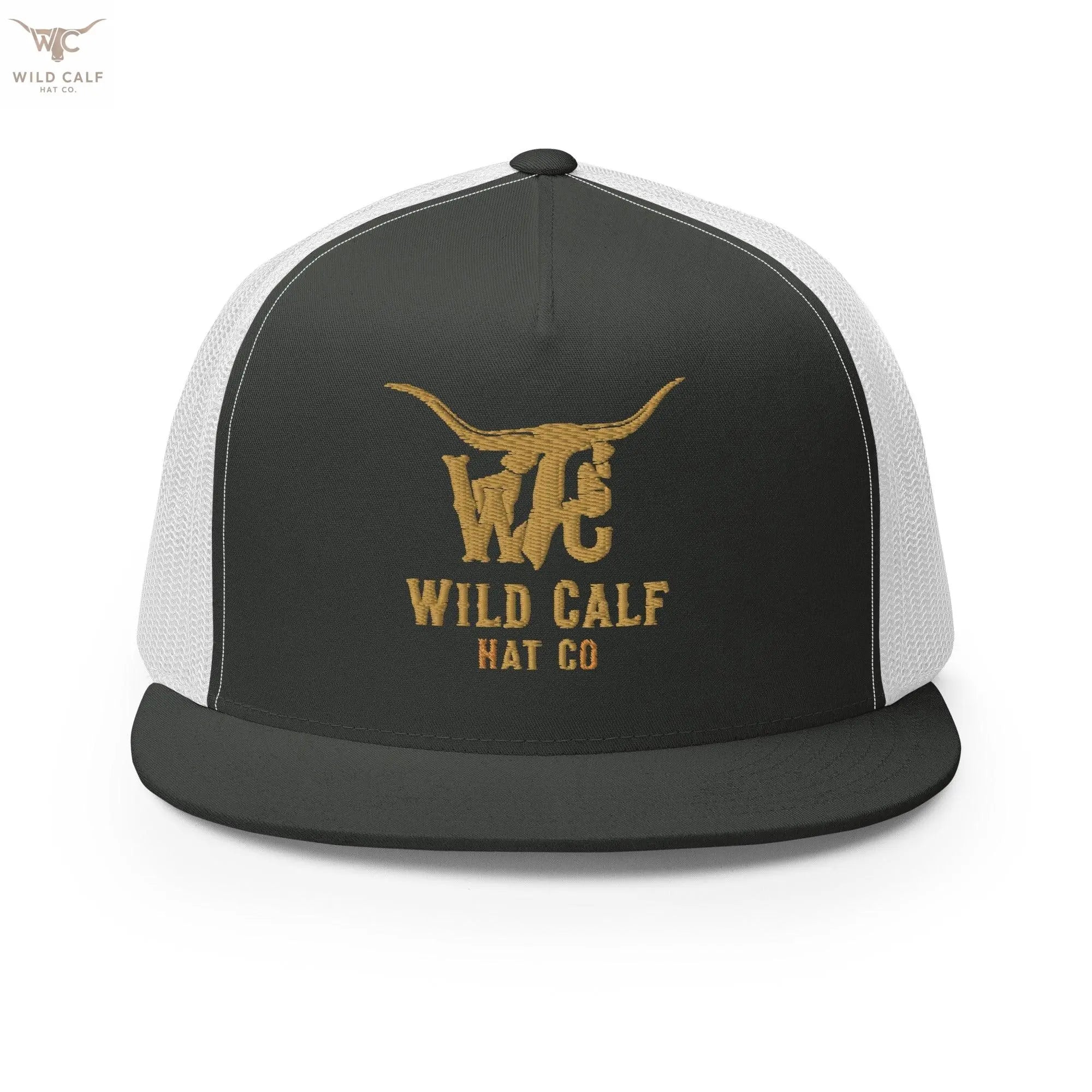 Charcoal and white western trucker cap with gold embroidered longhorn logo, front view