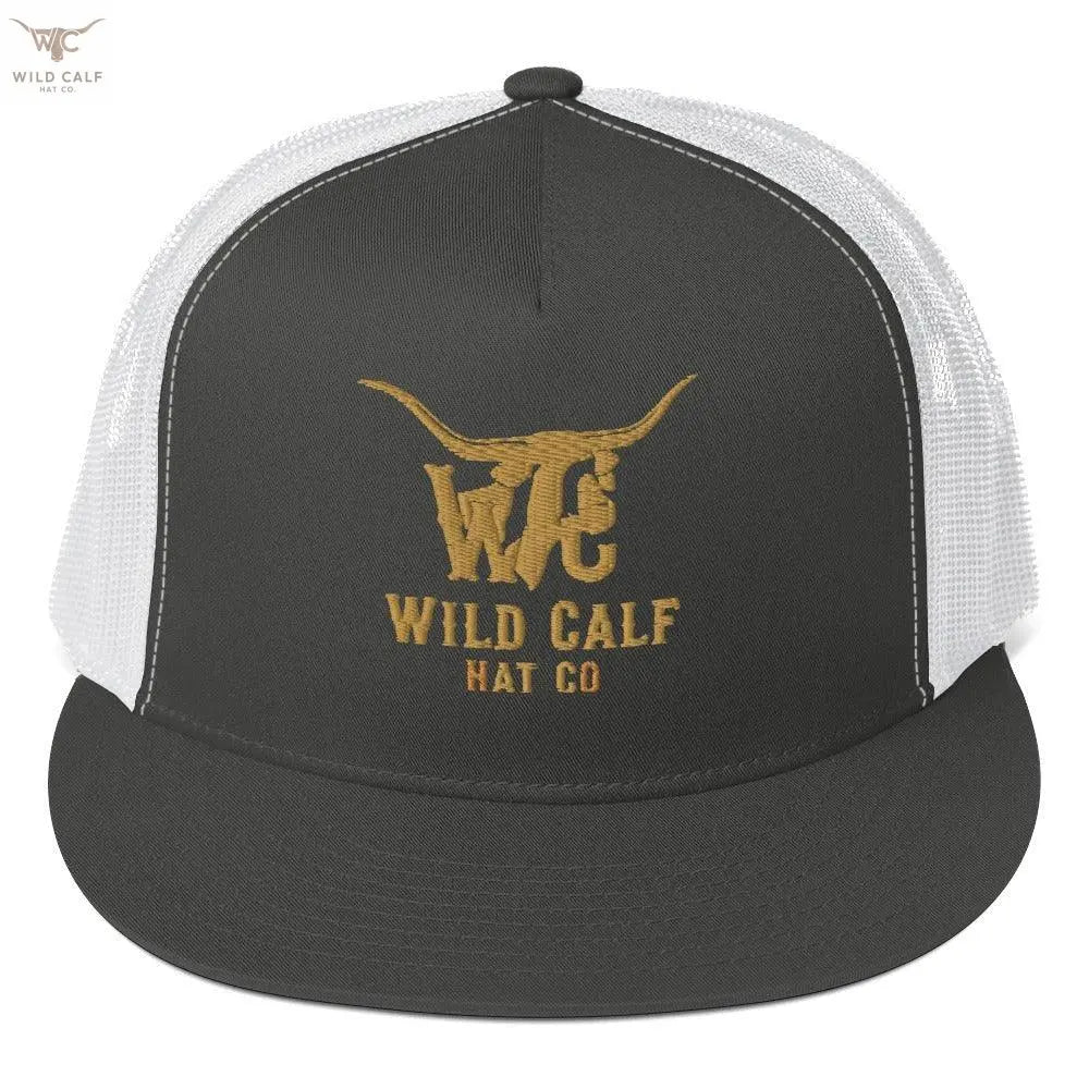 Charcoal and white 5-panel trucker cap with gold embroidered longhorn and western lettering