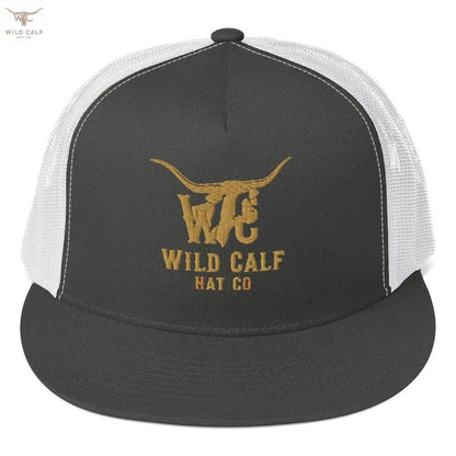 Charcoal and white 5-panel trucker cap with gold embroidered longhorn and western lettering