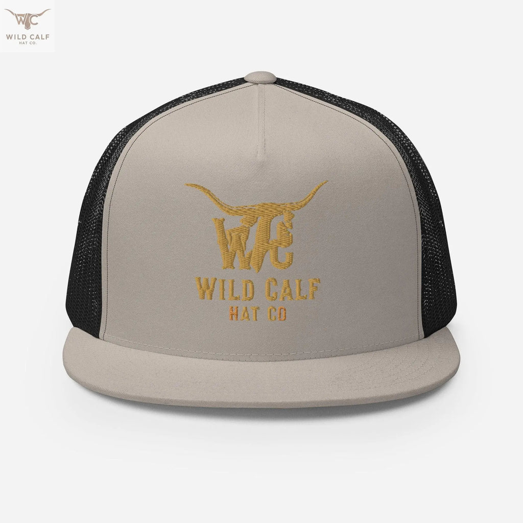 Western style silver and black trucker cap with gold embroidered longhorn logo, professional design