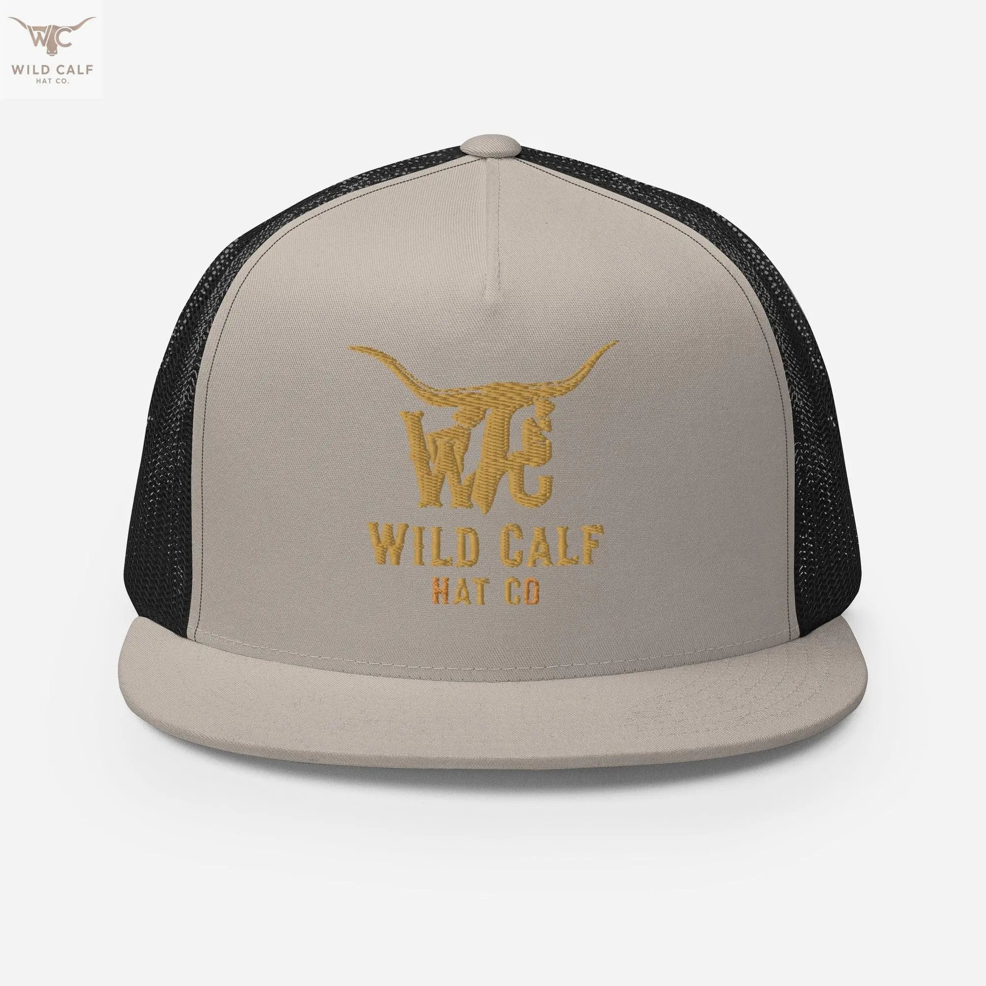 Western style silver and black trucker cap with gold embroidered longhorn logo, professional design