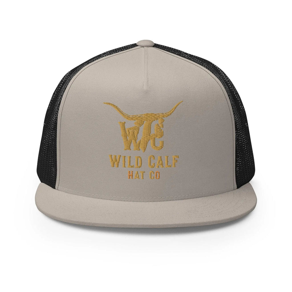 Western professional silver and black trucker cap with gold embroidered longhorn logo