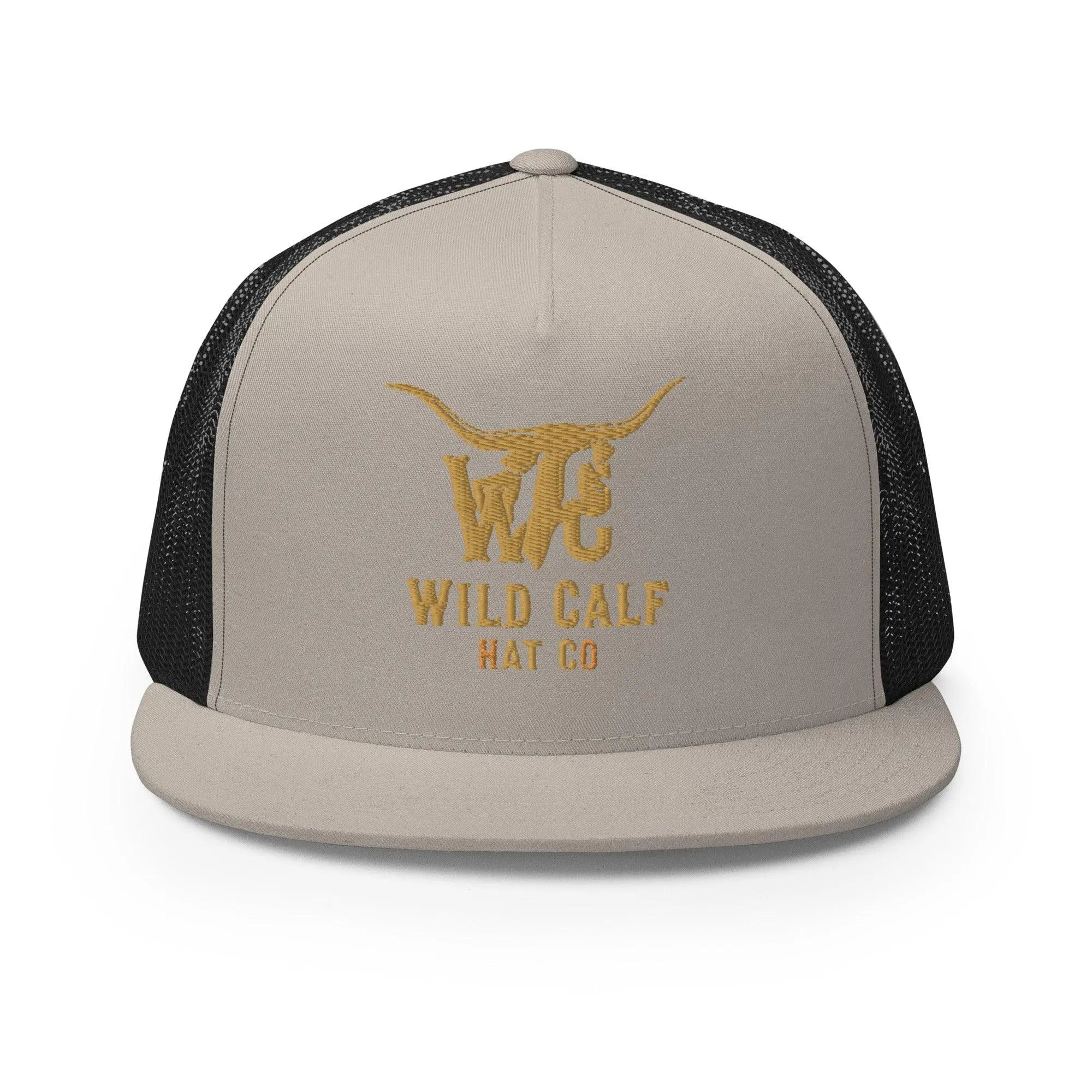 Western professional silver and black trucker cap with gold embroidered longhorn logo