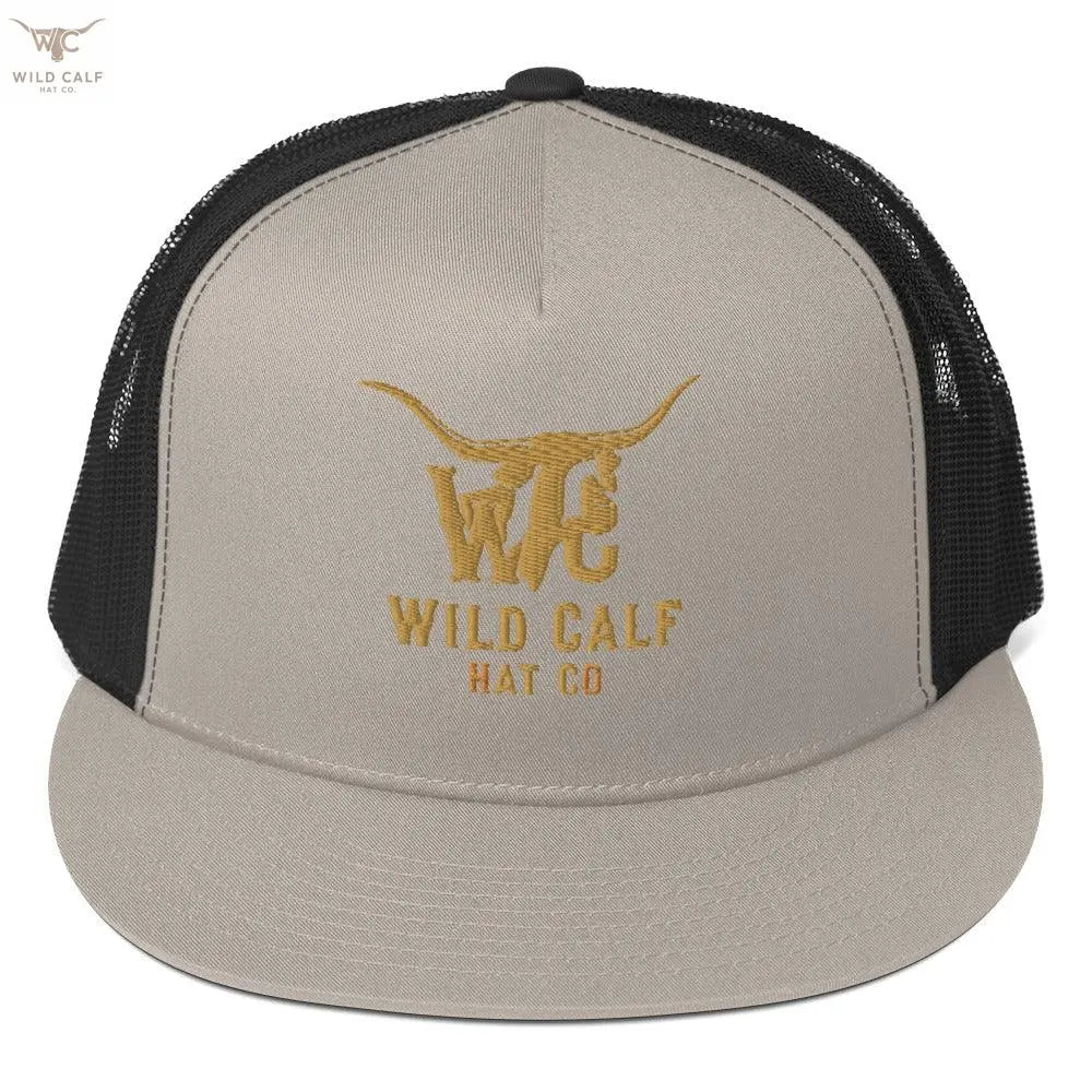 Western silver and black trucker cap with gold embroidered steer logo and mesh back