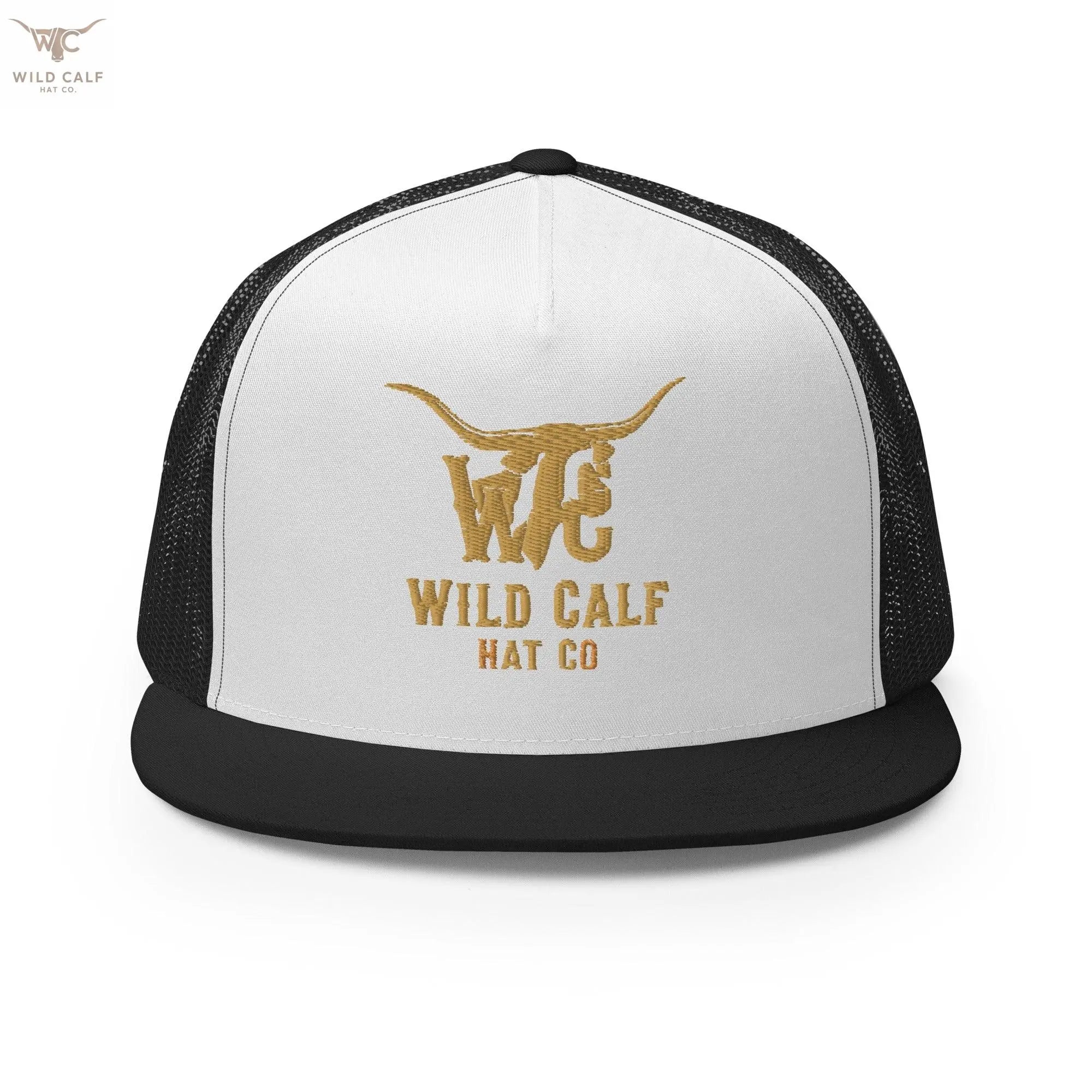 Western black and white trucker cap with gold embroidered longhorn logo, front view