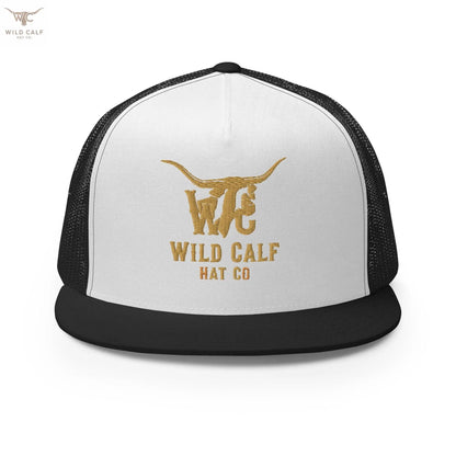 Western black and white trucker cap with gold embroidered longhorn logo, front view