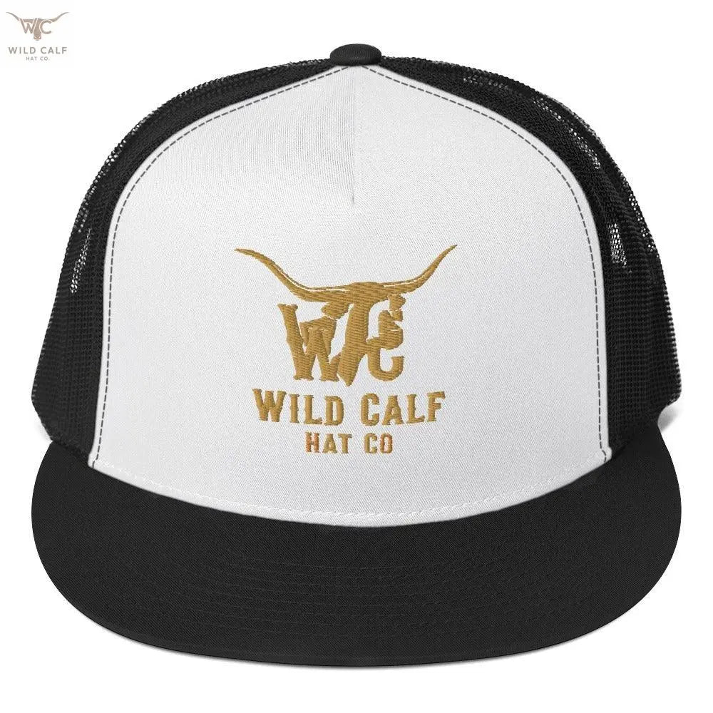 Black and white mesh trucker cap with gold longhorn logo, western professional style