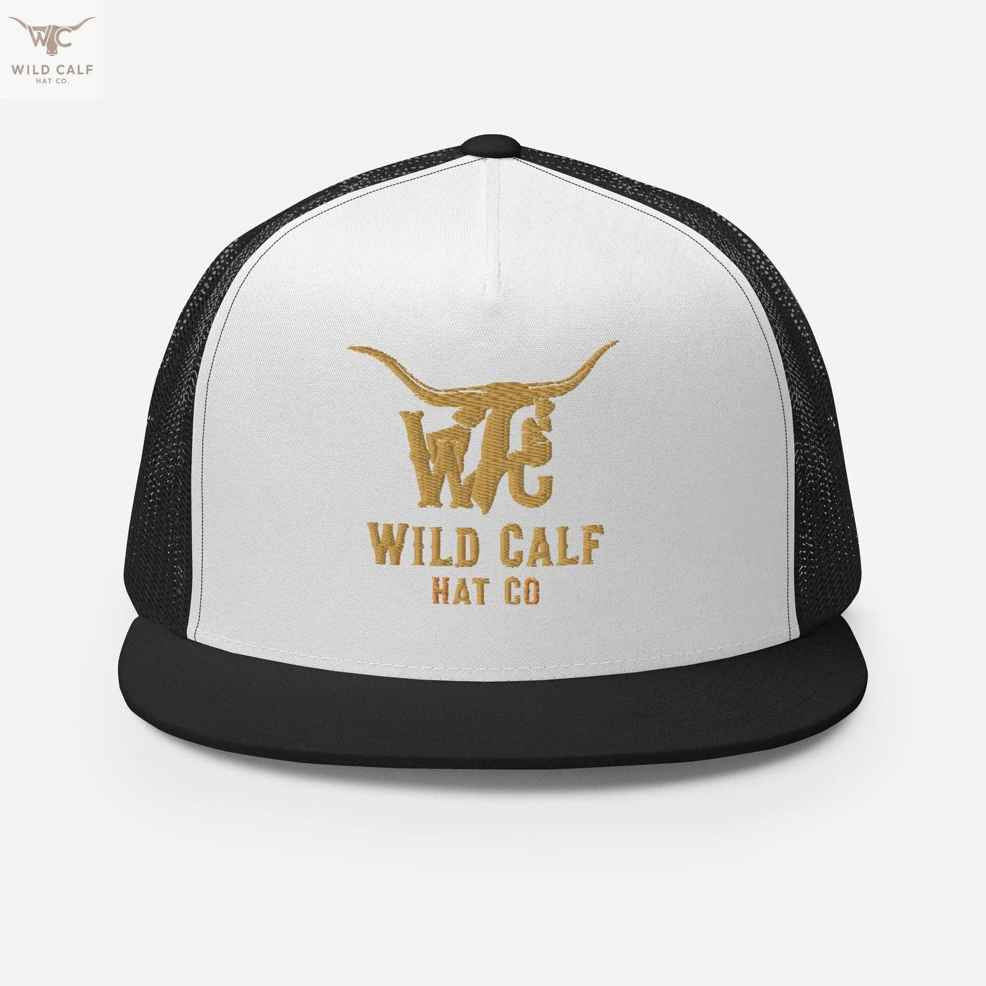 Western style black and white trucker cap with gold embroidered steer logo and mesh back
