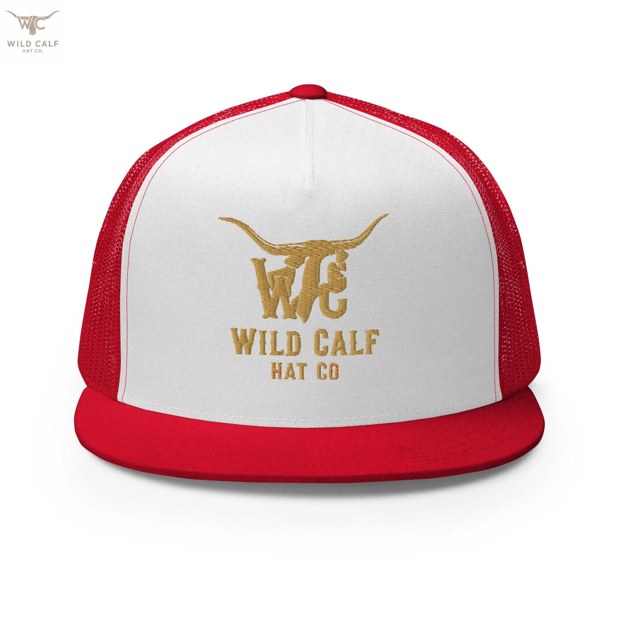 Western style red and white 5-panel trucker cap with gold embroidered longhorn logo
