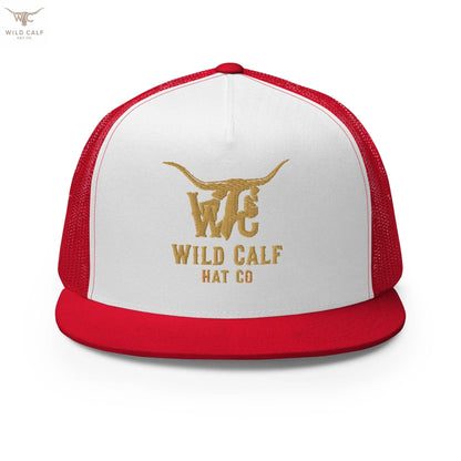 Western style red and white 5-panel trucker cap with gold embroidered longhorn logo