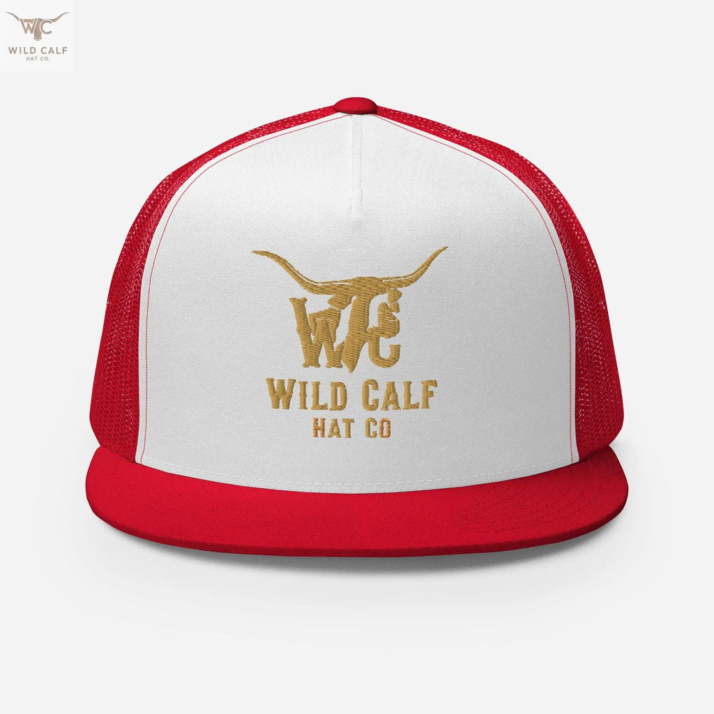Western style red and white trucker cap with mesh back and bull logo, front view