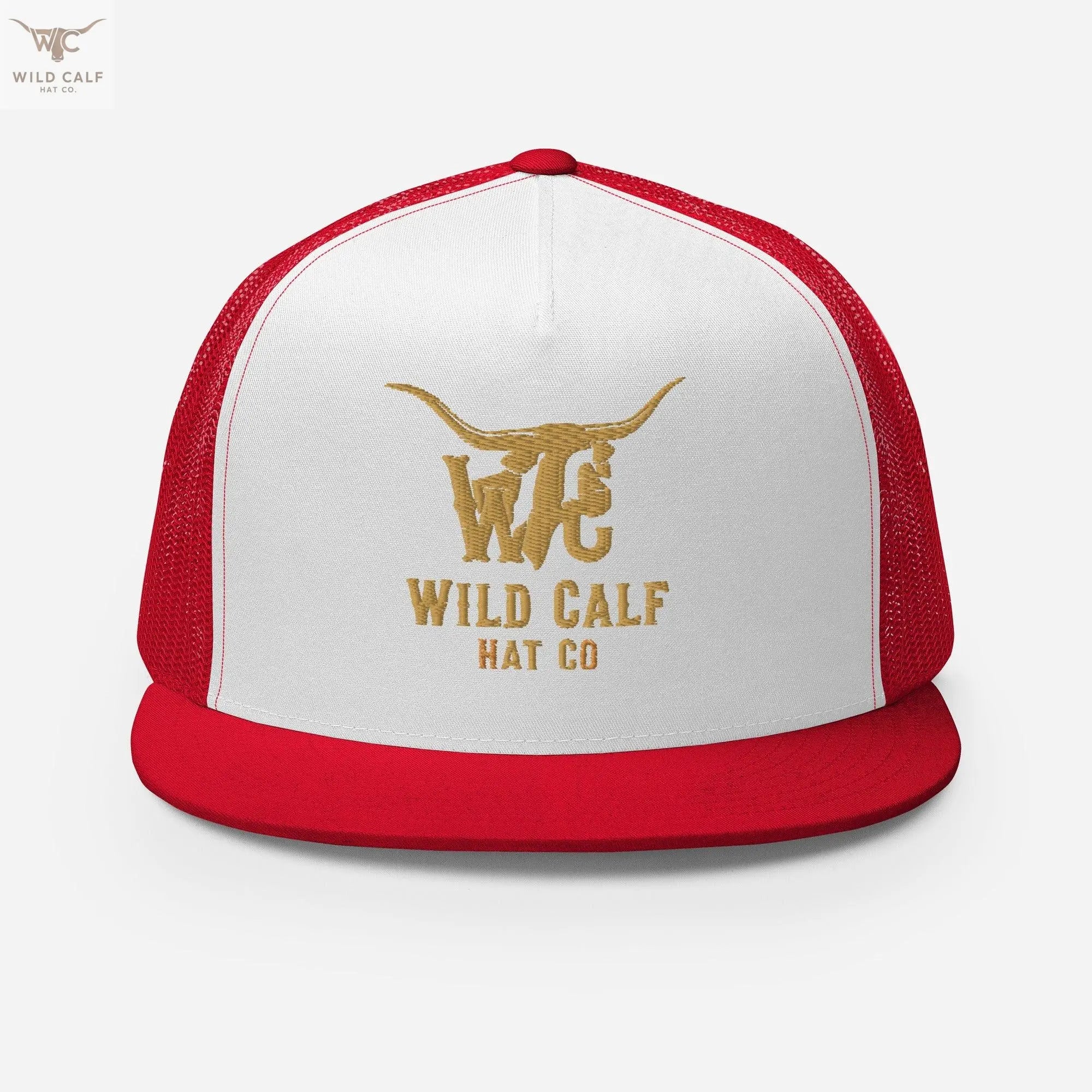 Western style red and white trucker cap with mesh back and bull logo, front view