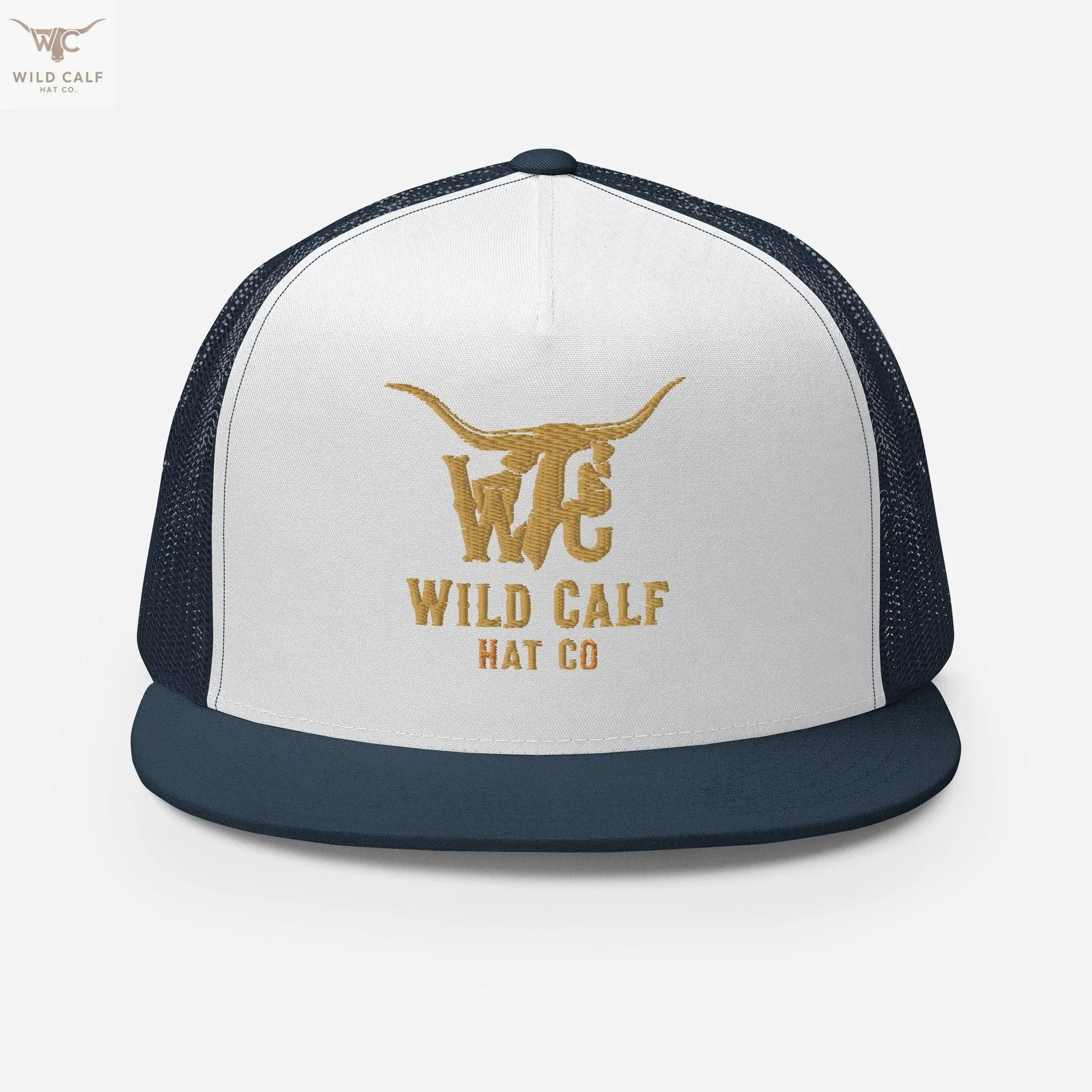 Western style navy and white trucker cap with longhorn logo and embroidered text, front view