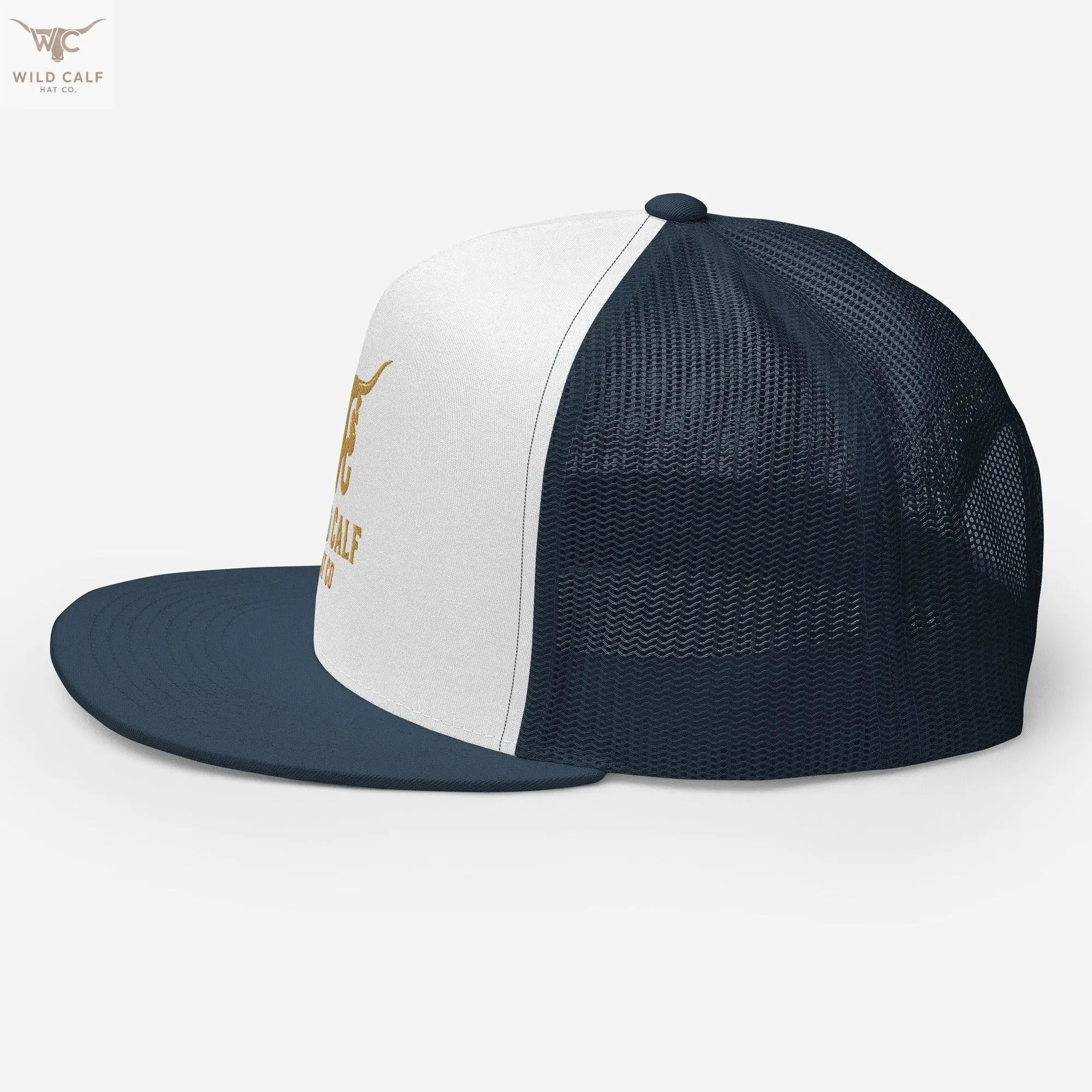 Western-style navy and white 5-panel trucker cap with gold embroidered logo, side view