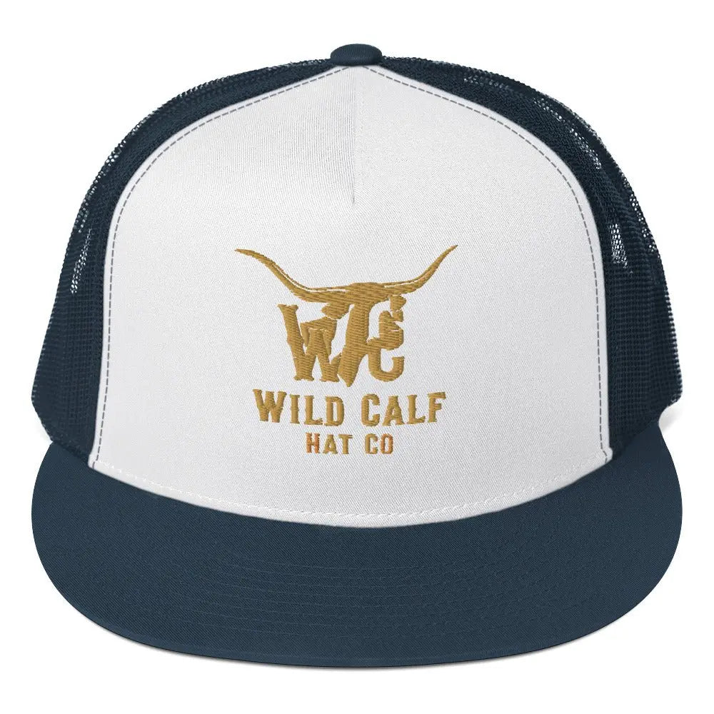 Navy and white 5 panel trucker cap with gold longhorn logo, western professional style