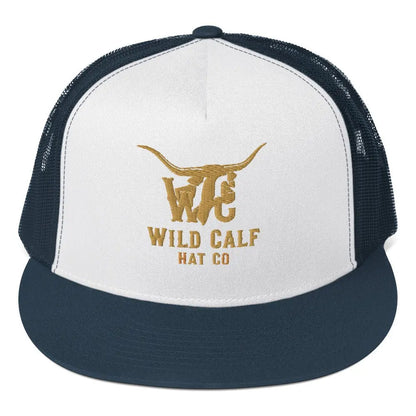 Navy and white 5 panel trucker cap with gold longhorn logo, western professional style
