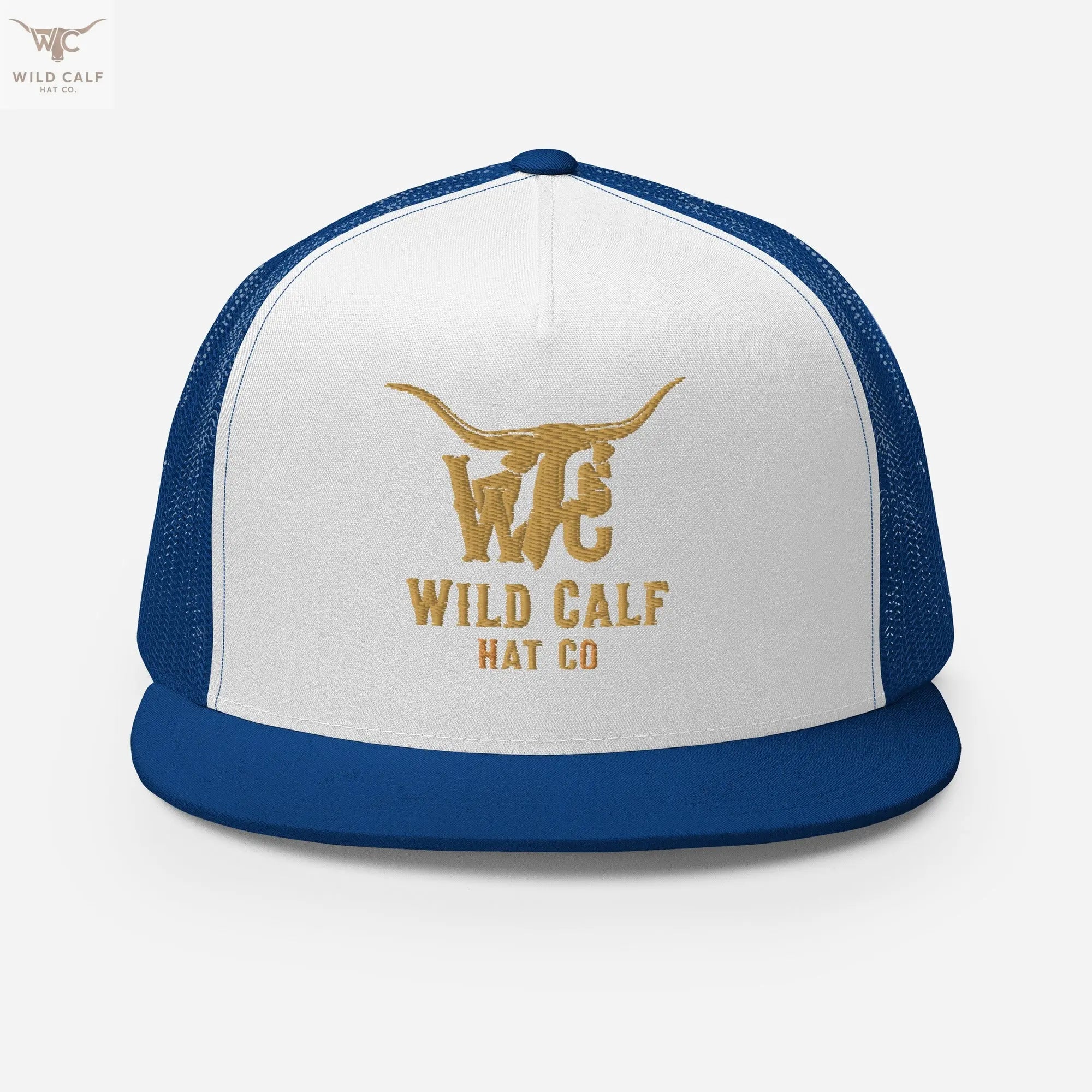 Western style royal blue and white trucker cap with gold embroidery and longhorn design.