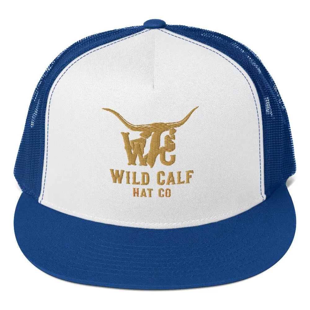 Royal blue and white western trucker cap with gold bull logo and mesh back, front view