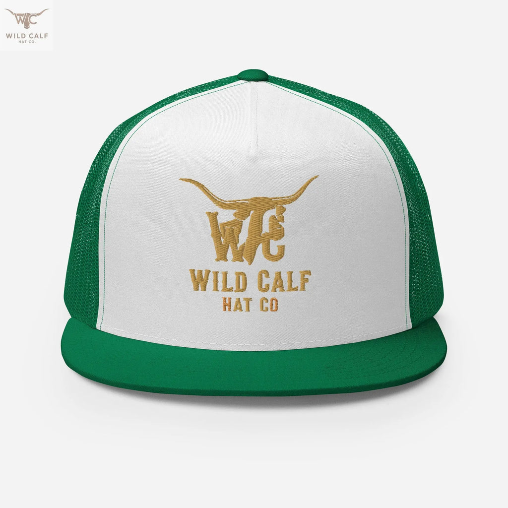 Western trucker hat in green and white with embroidered longhorn logo and mesh back
