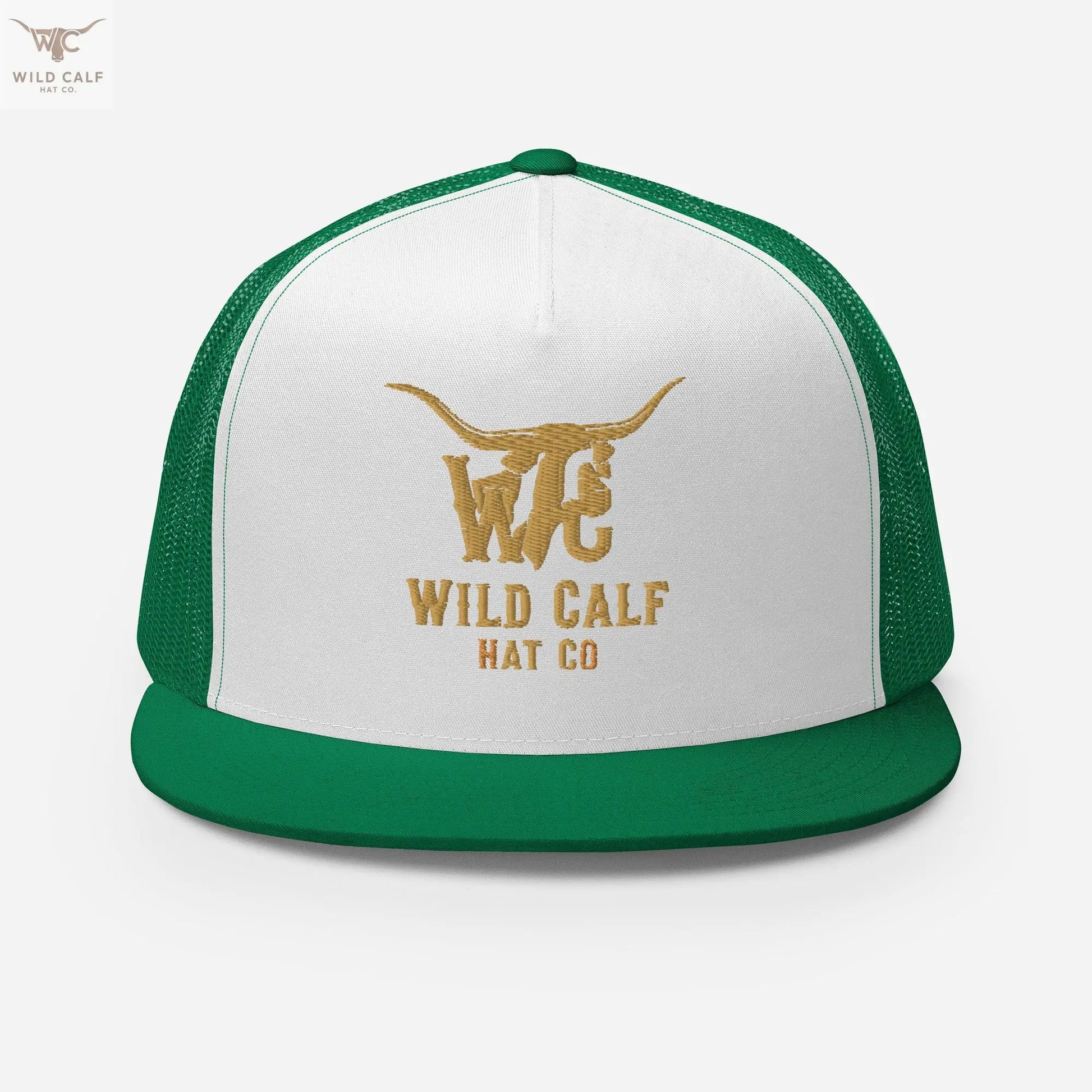 Western trucker hat in green and white with embroidered longhorn logo and mesh back