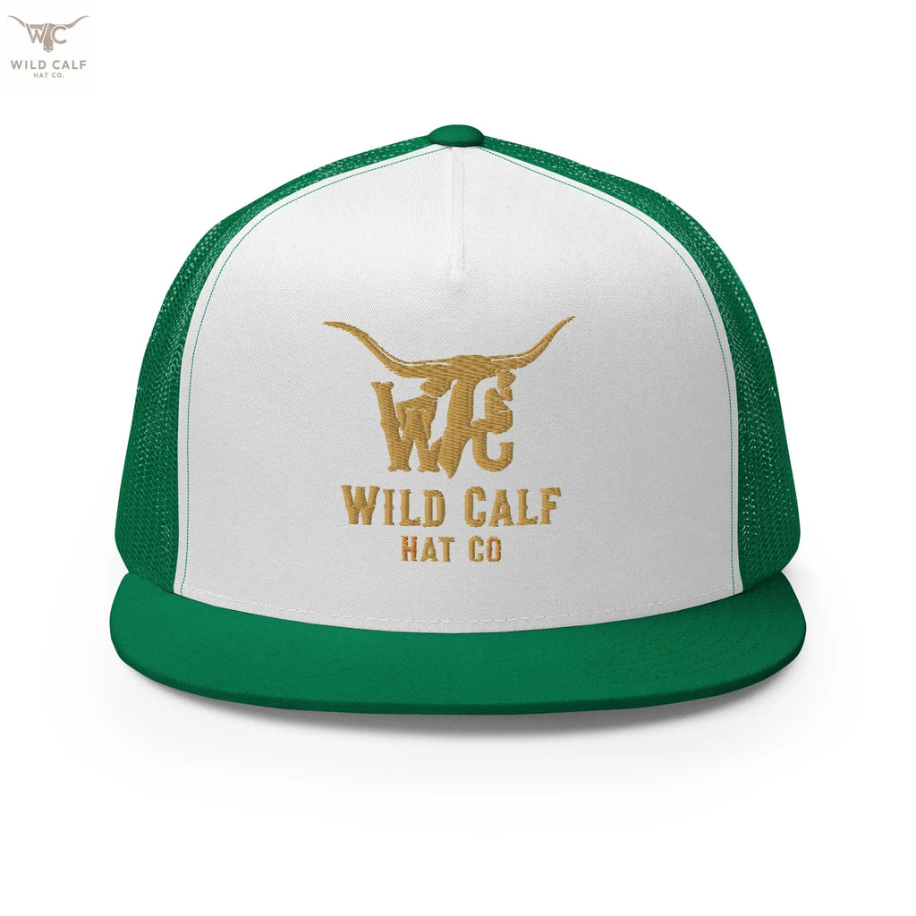 Western-style green and white trucker cap with bull logo and gold embroidered text