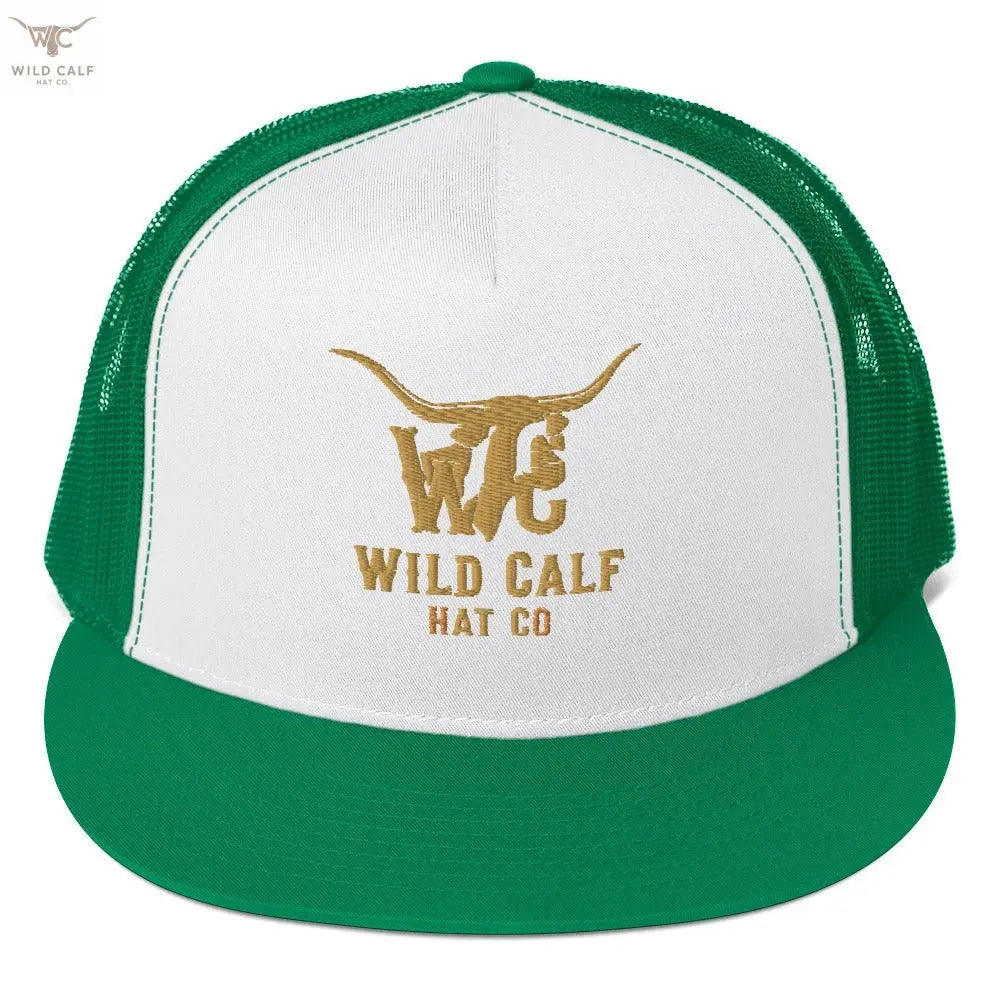 Western kelly green and white five-panel trucker cap with embroidered steer longhorn logo