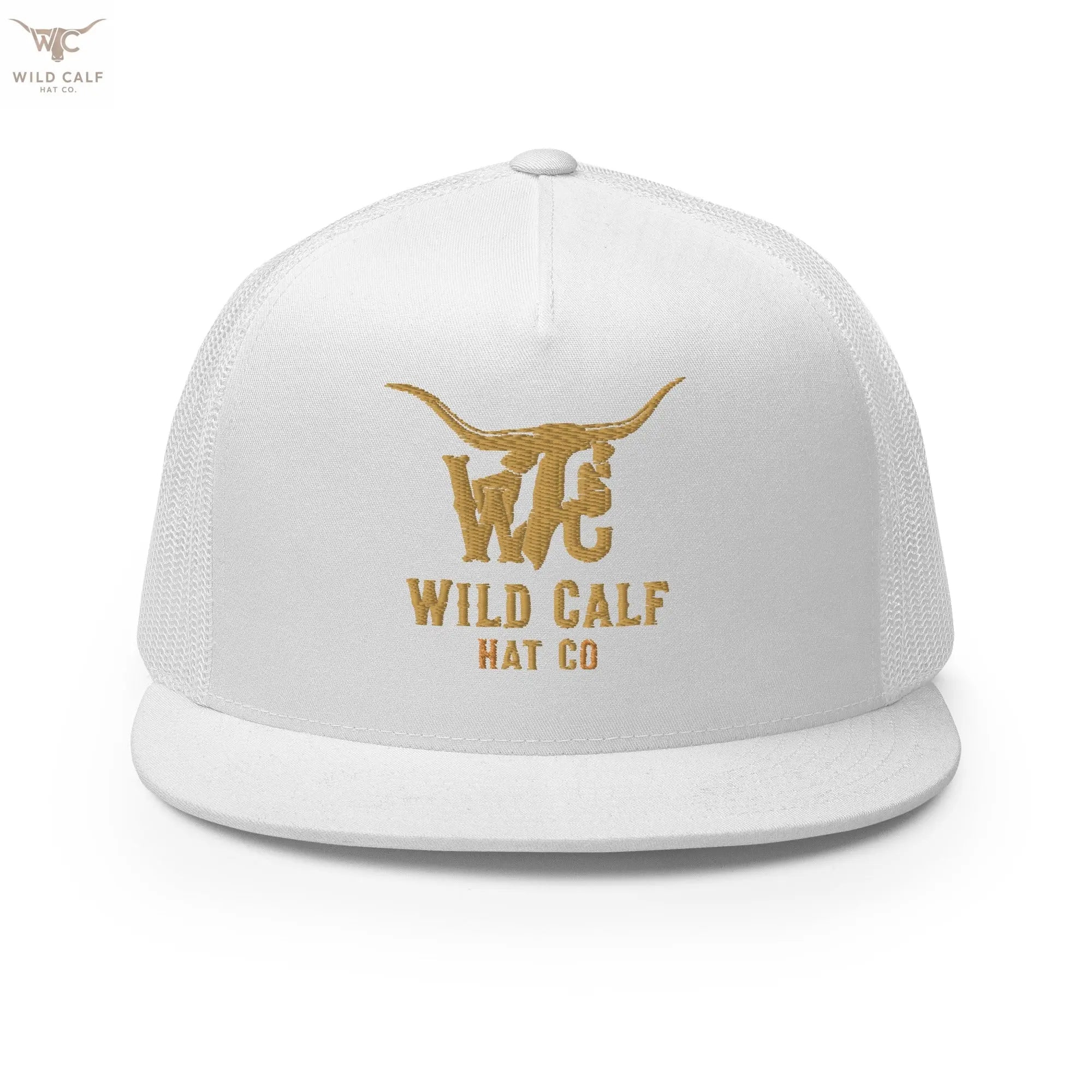 White western trucker cap with gold embroidered bull logo and mesh back, professional style