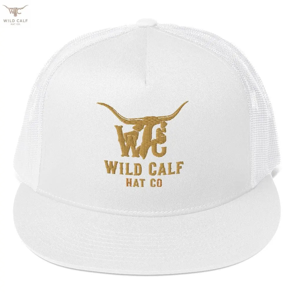 White 5-panel trucker cap with gold embroidered longhorn logo and western lettering, front view