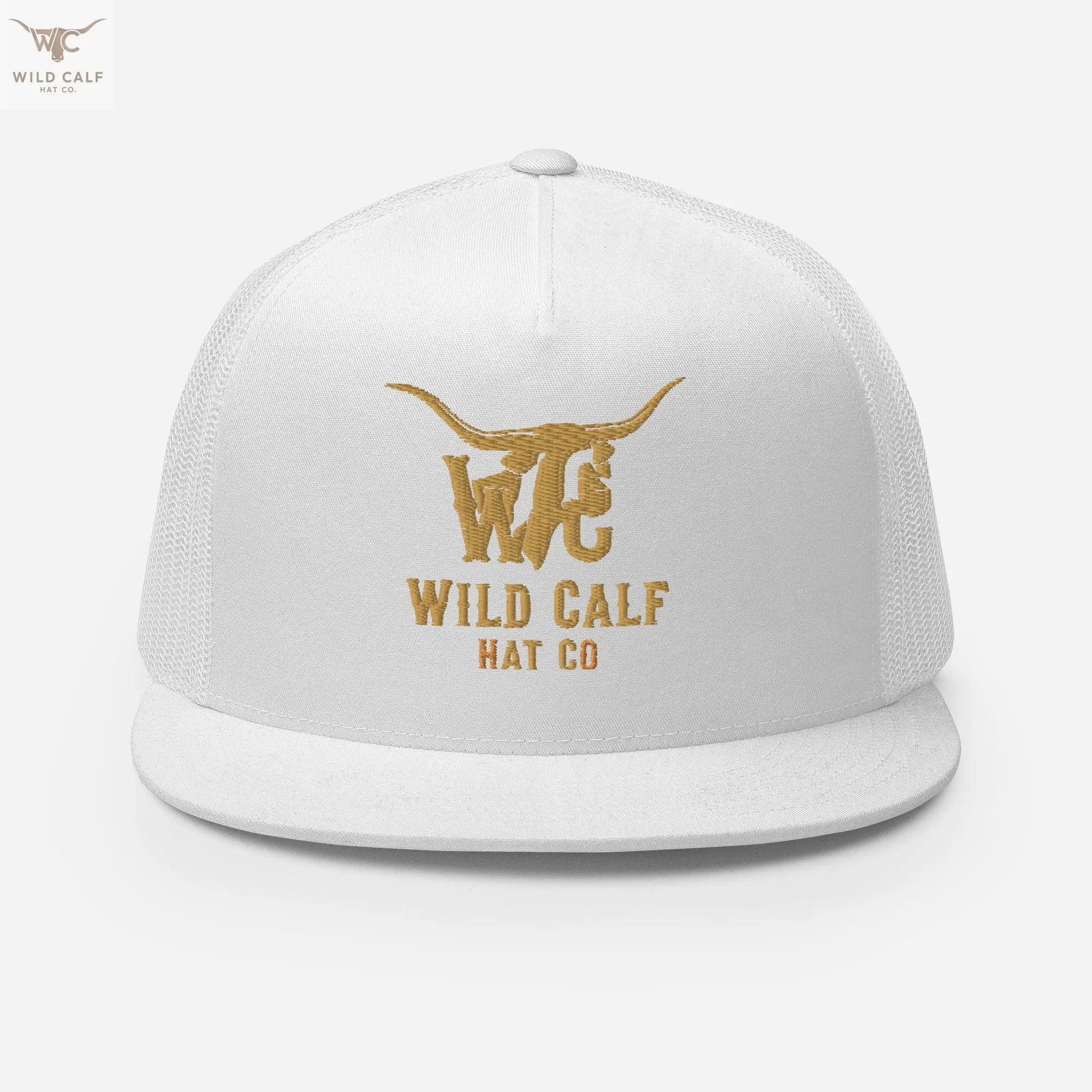 White 5-panel trucker cap with gold longhorn embroidery, western style, professional look