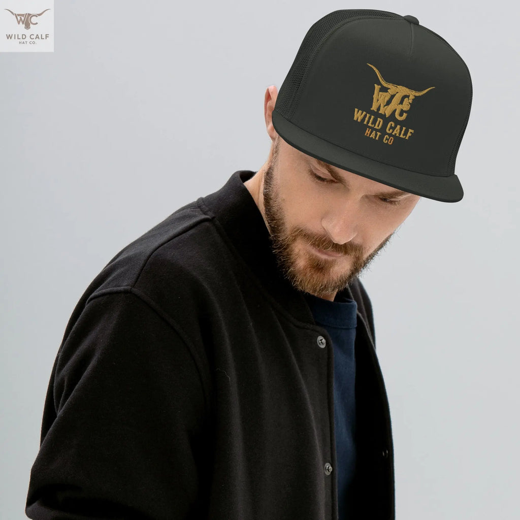 Man wearing charcoal 5-panel trucker cap with western embroidery, professional style