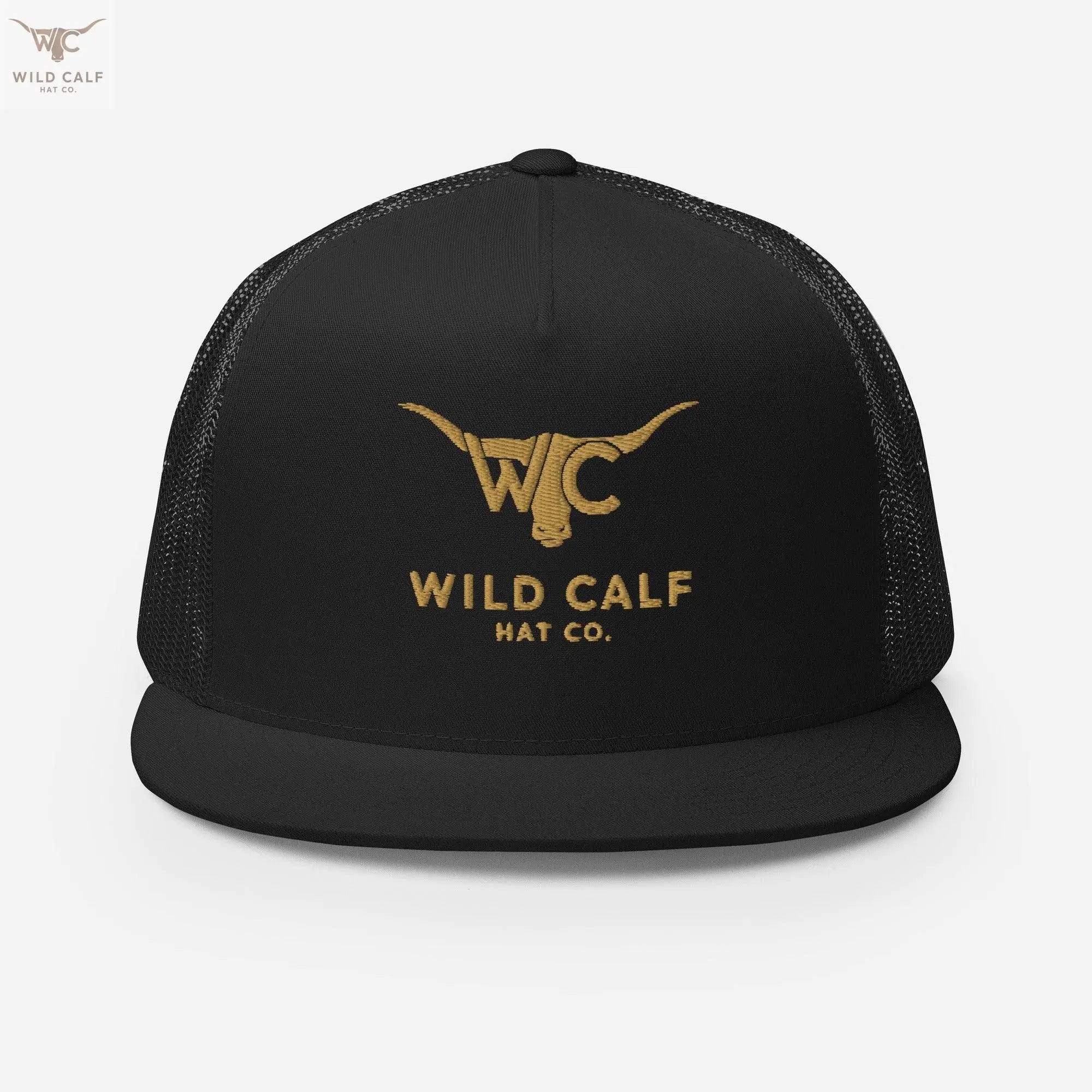 Black 5-panel trucker cap with gold embroidered bull skull logo, western professional style