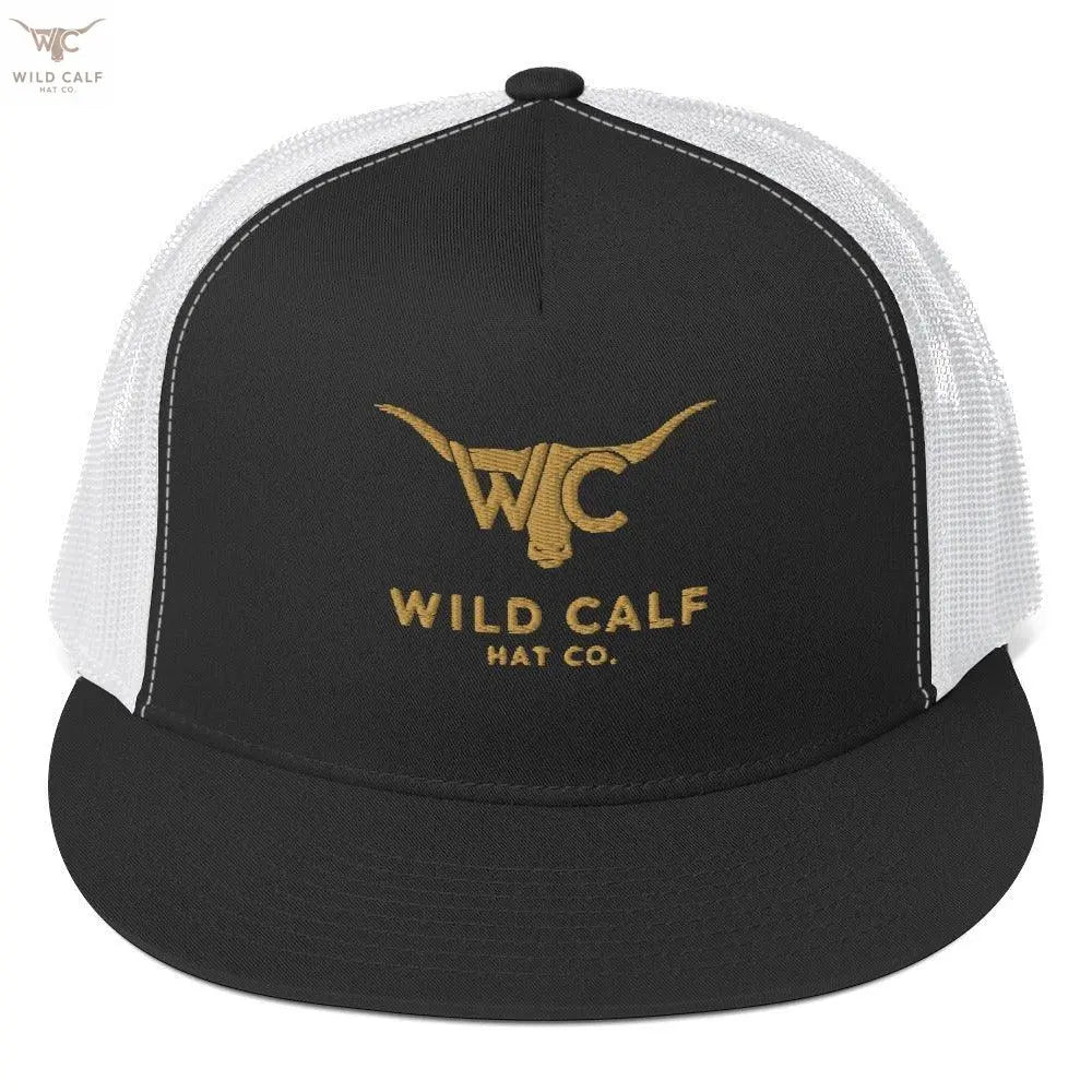 Black and white western trucker cap with gold bull logo and mesh back, front view