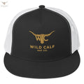Black and white western trucker cap with gold bull logo and mesh back, front view