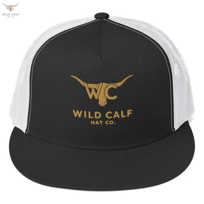 Black and white western trucker cap with gold bull logo and mesh back, front view