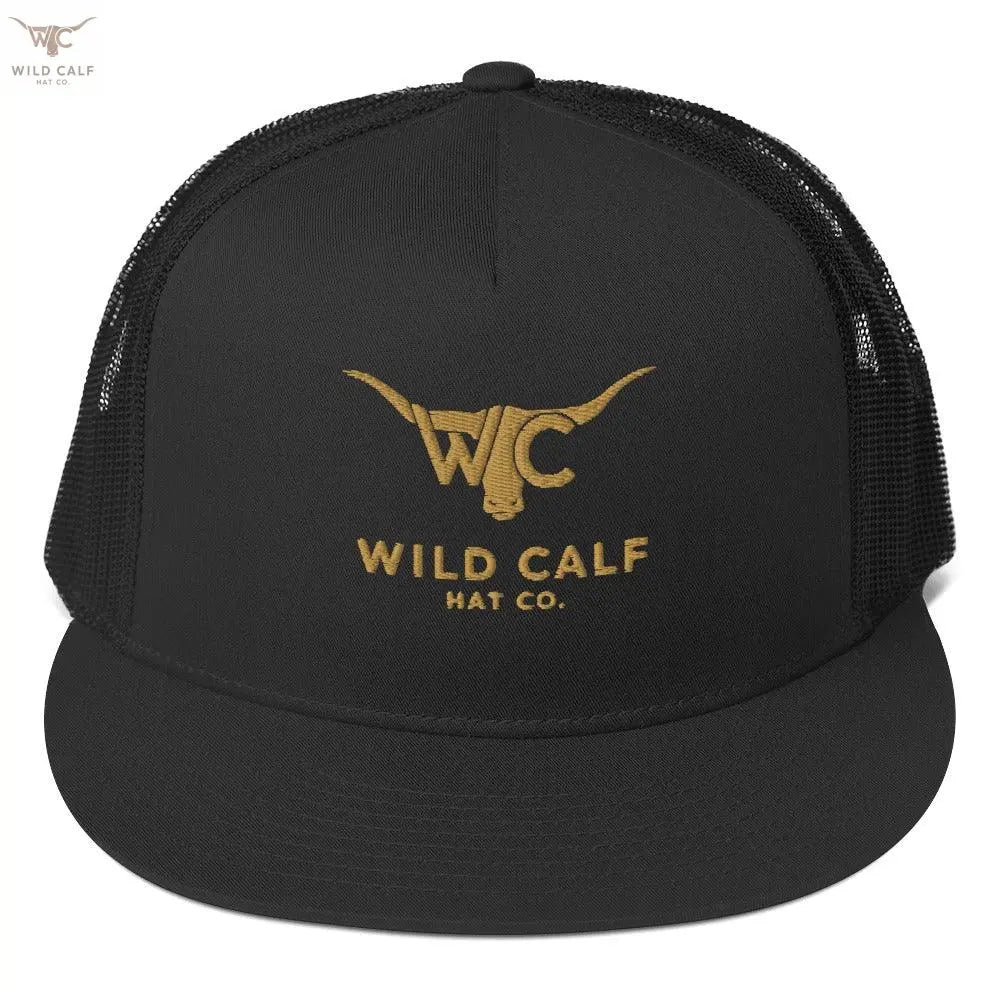 Black five-panel trucker cap with gold Western bull logo and mesh back, professional style