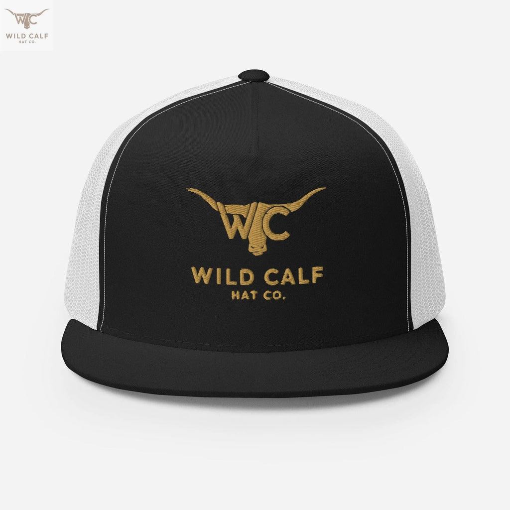 Western style black and white trucker cap with gold embroidered bull and text, professional look