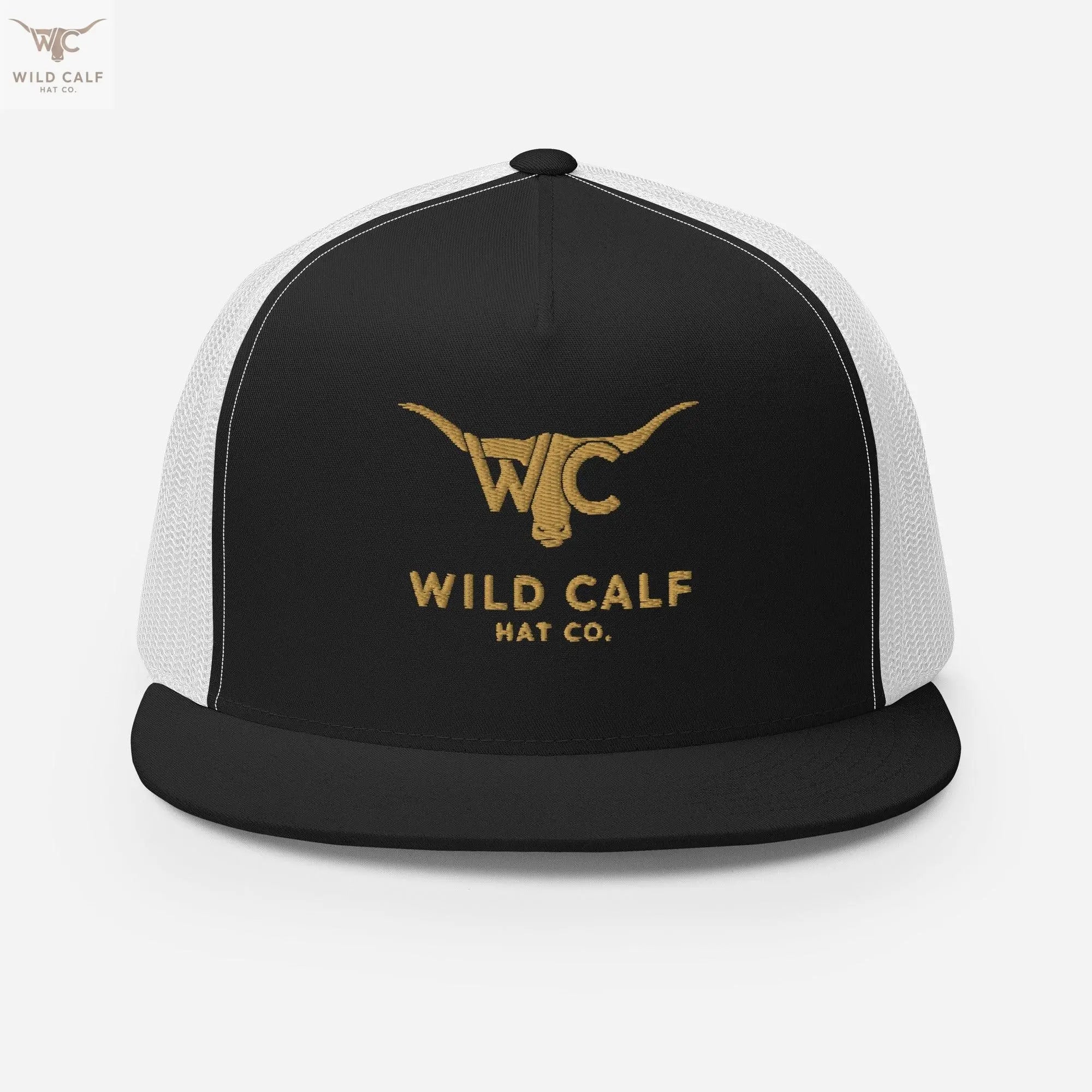 Western style black and white trucker cap with gold embroidered bull and text, professional look