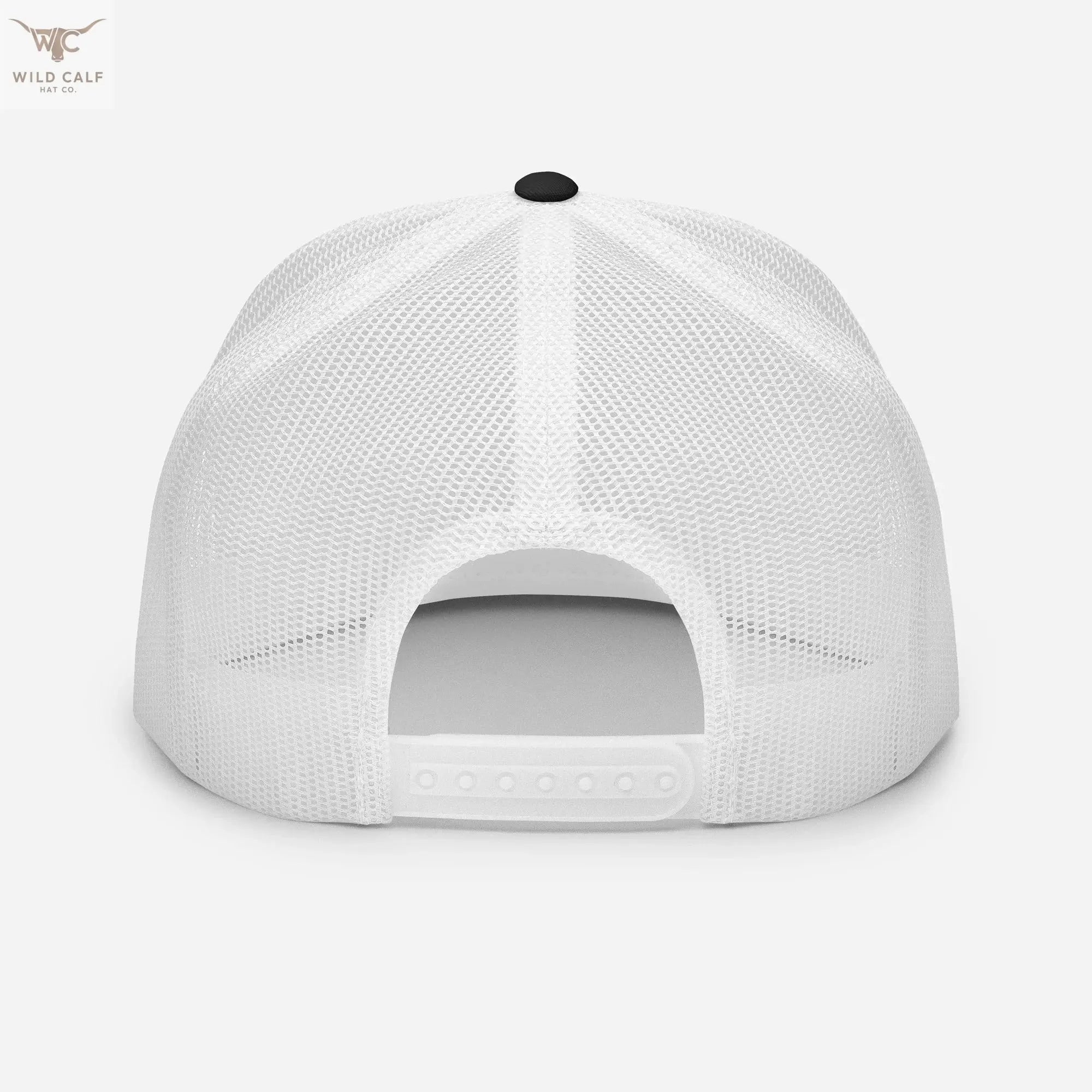 Back view of western-style black and white 5-panel trucker cap with mesh and snapback closure