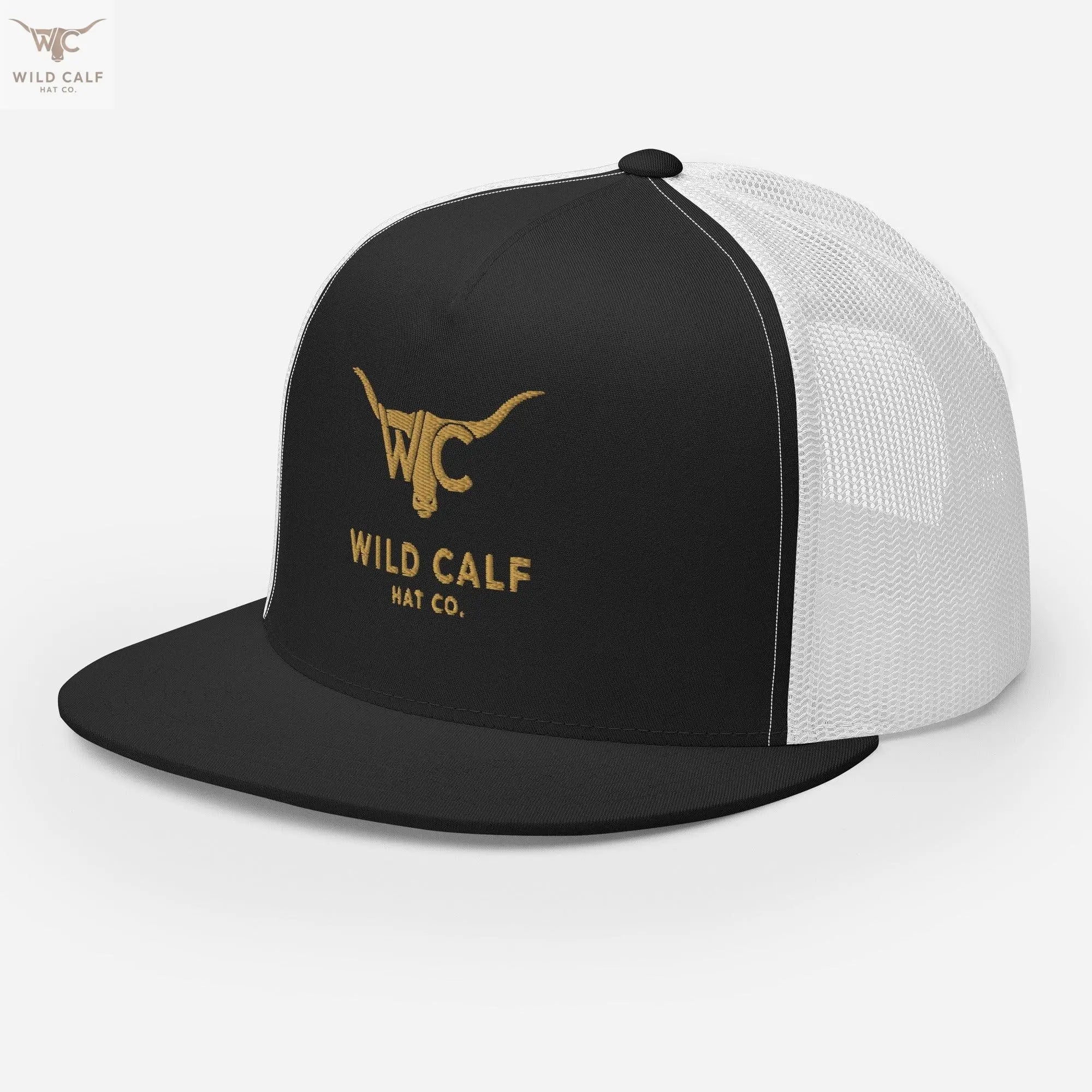 Western black and white trucker hat with gold longhorn logo and mesh back, left front view