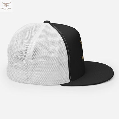 Western-inspired black and white 5-panel trucker cap with mesh back, right side view