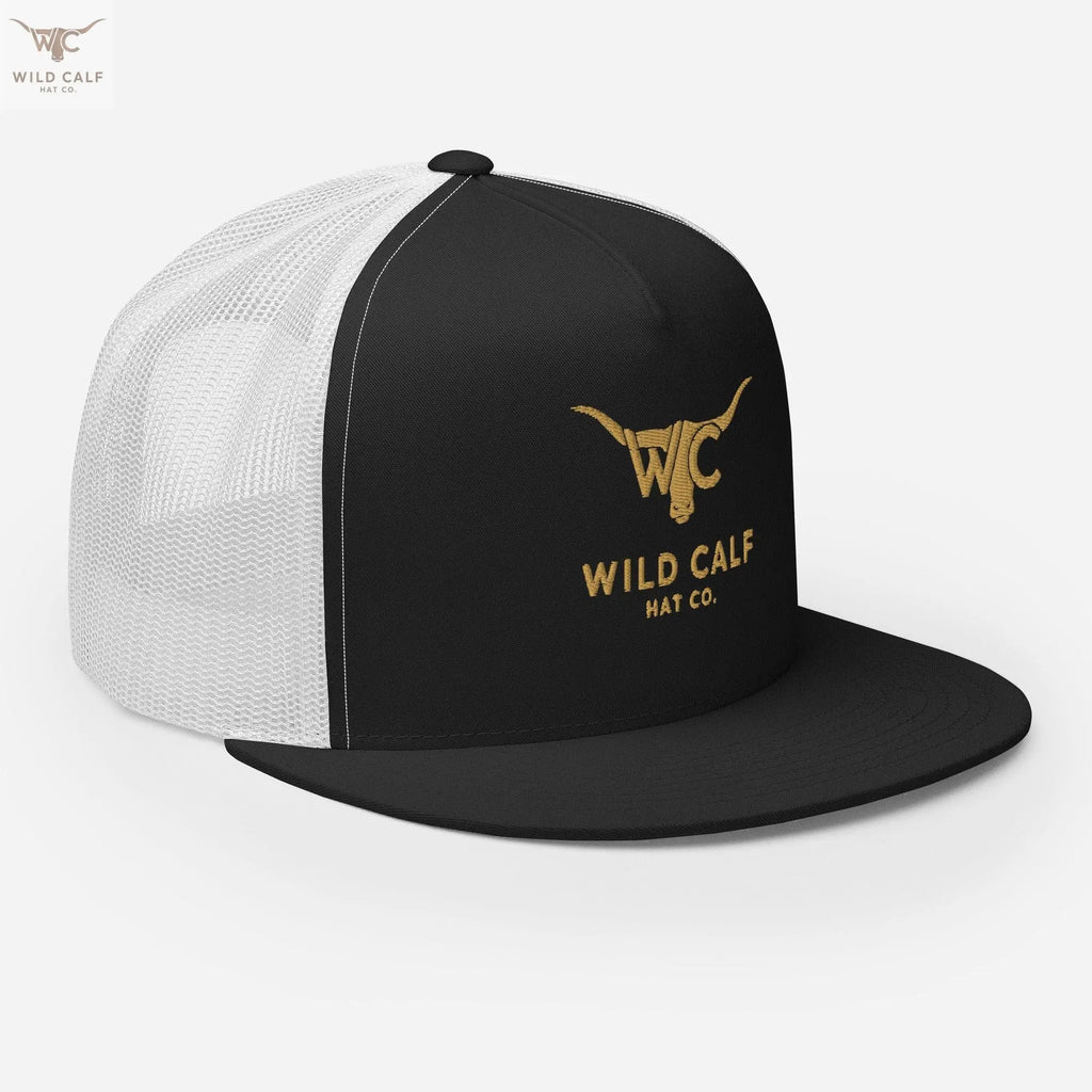 Black and white western trucker cap with gold longhorn logo and mesh back panel