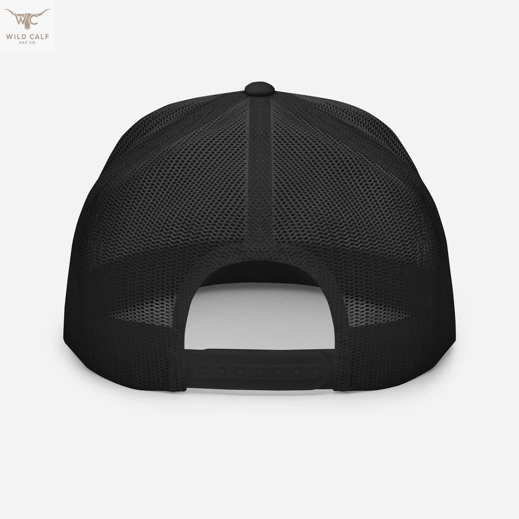 Western-inspired black 5-panel trucker cap, mesh back with snapback closure, professional style