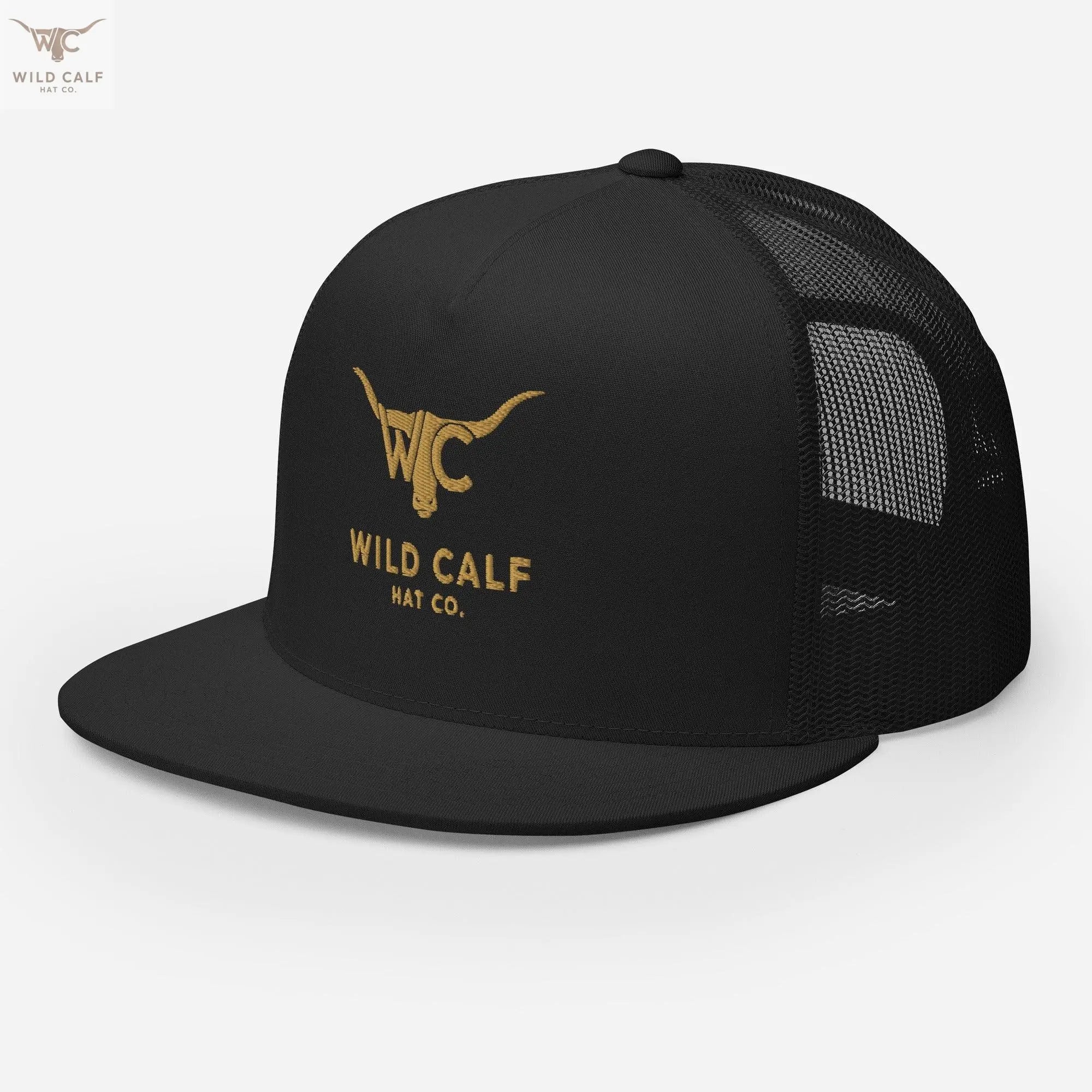 Black western trucker cap with gold bull logo, mesh back, flat bill, left front view