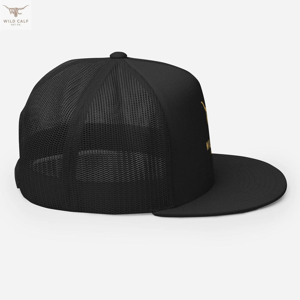 black 5-panel trucker cap with mesh back and structured western style, side profile view