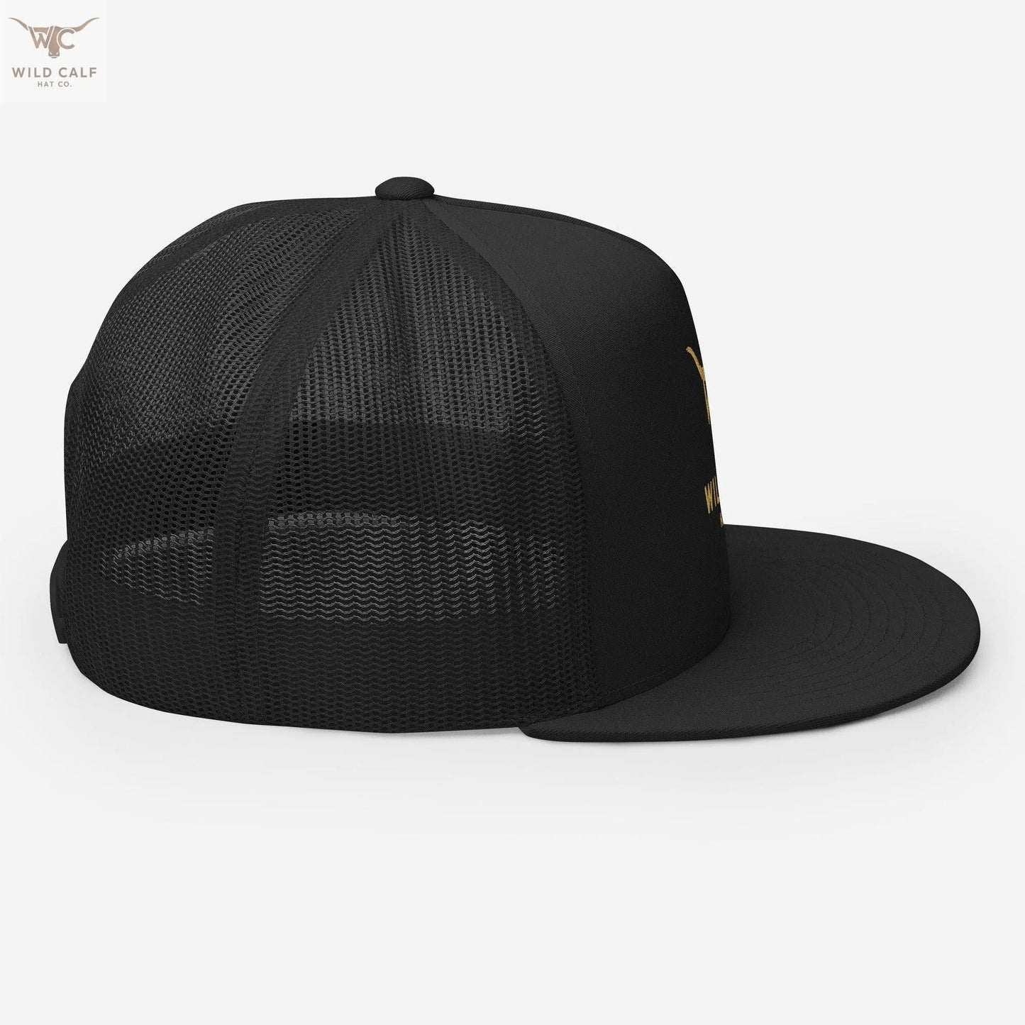 black 5-panel trucker cap with mesh back and structured western style, side profile view