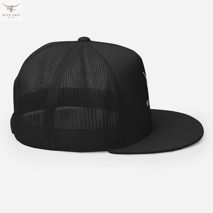 black 5-panel trucker cap with mesh back and structured western style, side profile view